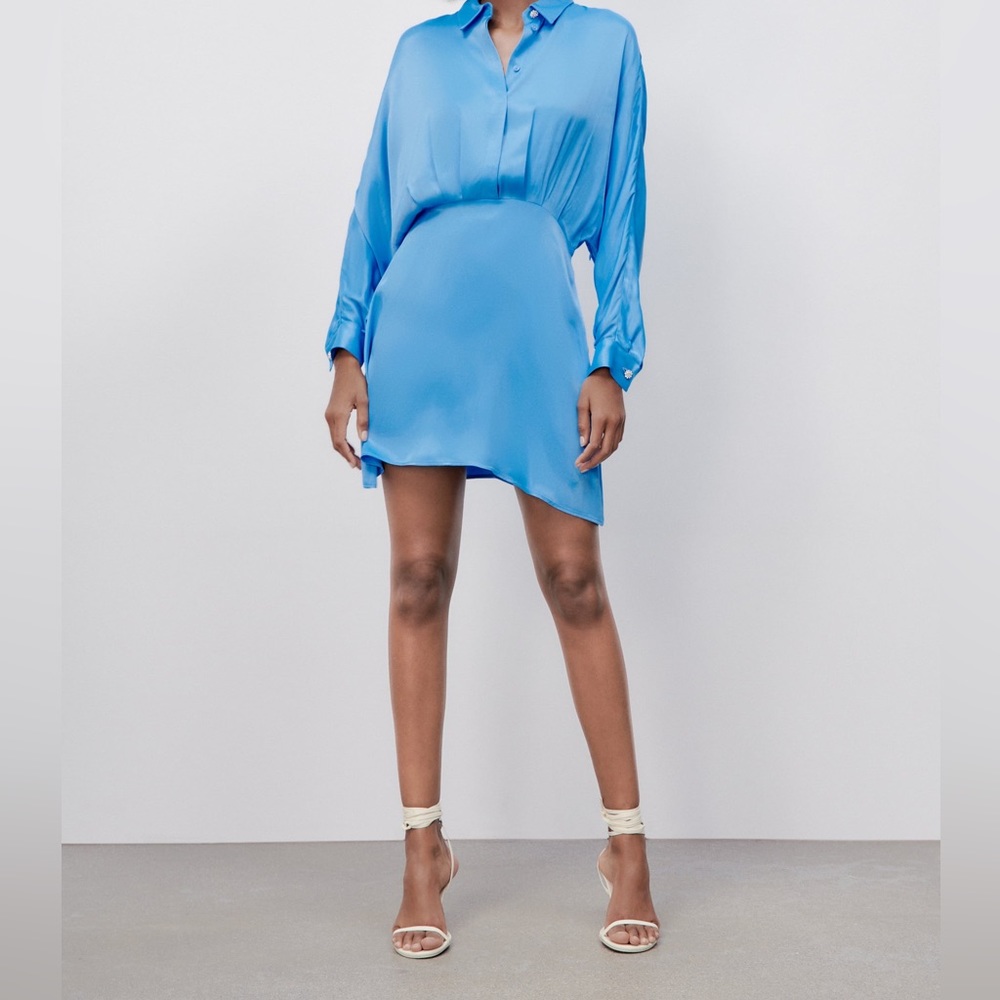 🩵 ZARA Baby Blue Satin Effect Collar Mini Dress